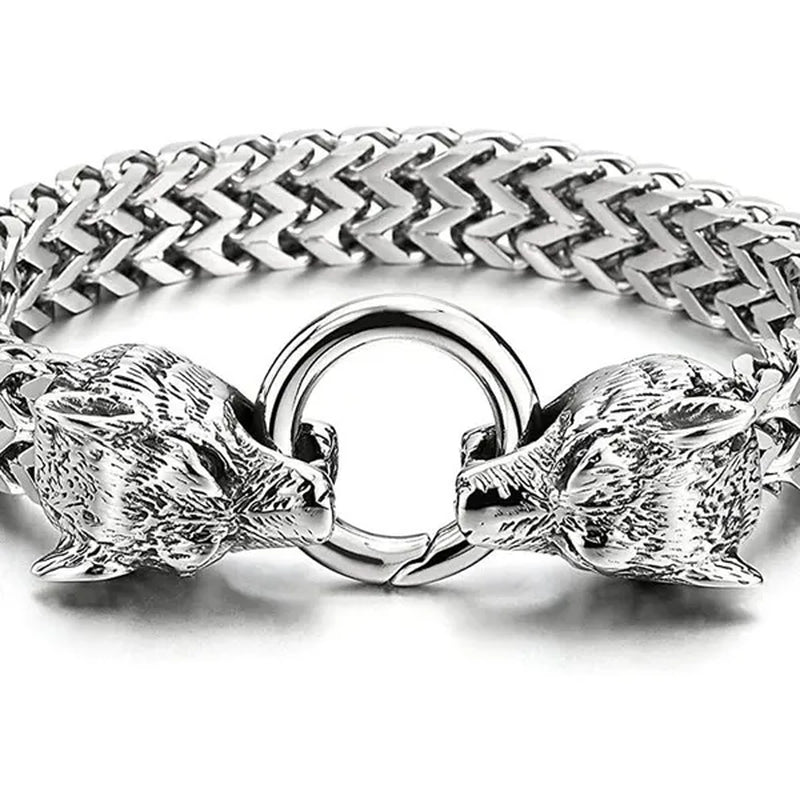 Rock Wolf Charm Bracelet Men's Stainless Steel Mesh Chain Punk Bracelets Biker Jewelry