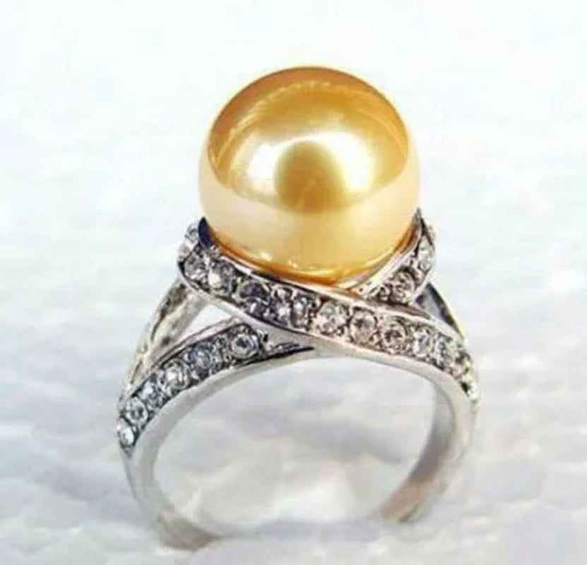 Yellow South Sea Shell Pearl White Gold Plated Cubic Zirconia Ring size: 6.7.8.9