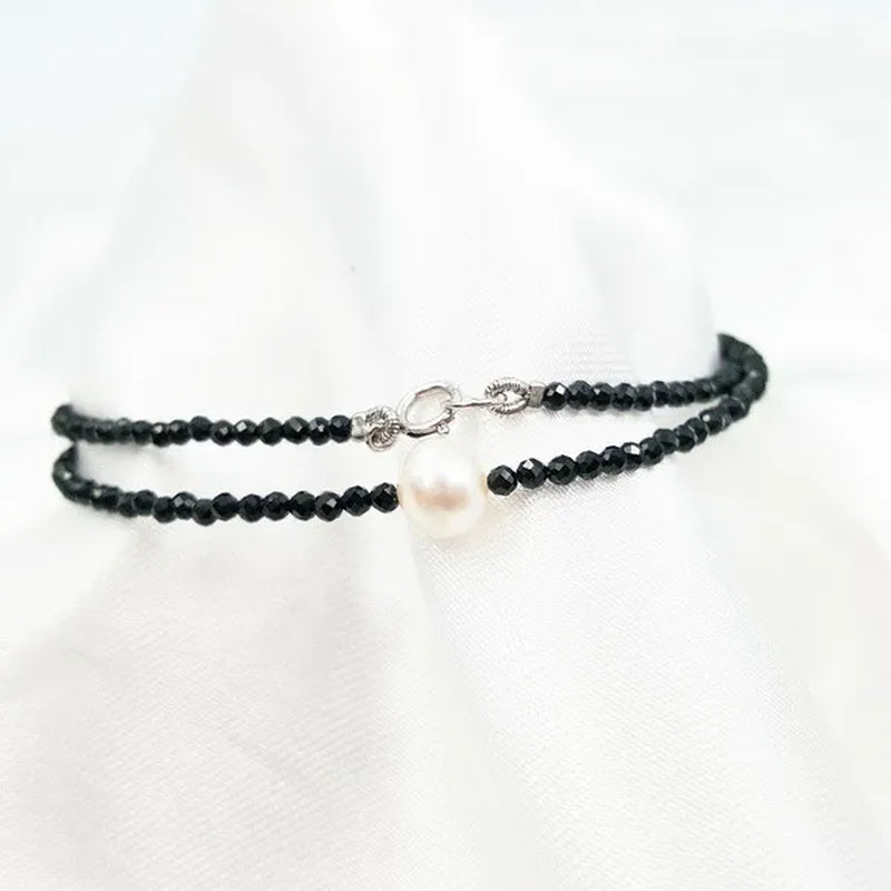 Real Black Spinel 2Mm&Freshwater Pearl Choker Necklace 925 Sterling Silver 17.5Inch