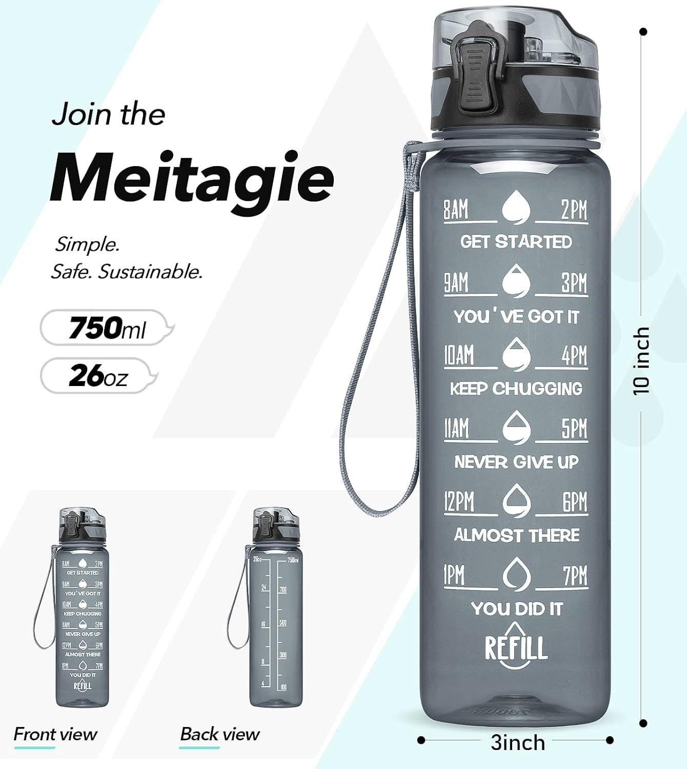 Sports Water Bottle - 1L Leakproof Water Bottle, BPA Free Tritan Plastic Sports Bottle, Motivational Water Bottle with Filter & Time Marker for Outdoor