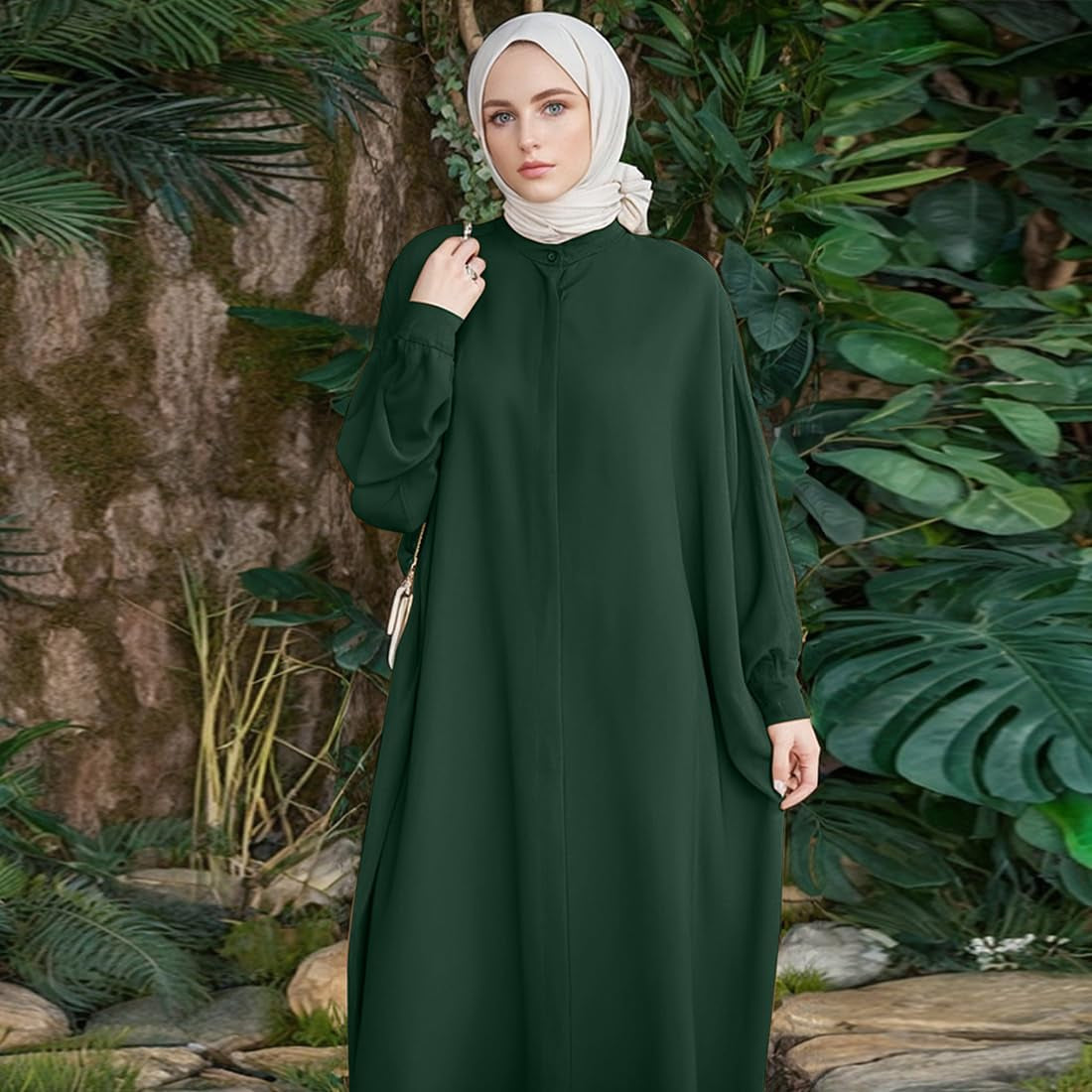 Muslim Dresses for Women Abaya Button down Henley Shirt Prayer Dress Batwing Long Sleeve Middle East Arabian Robe