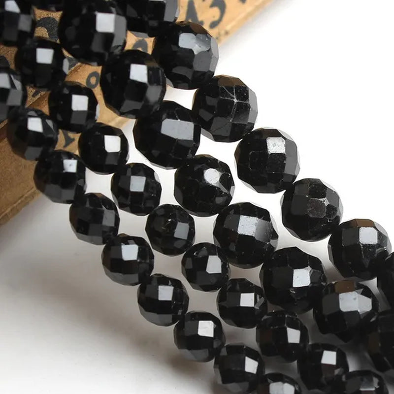1Pcs Faceted Gem Black Tourmaline Stone Beads Loose Spacer Beads for Jewelry Making 7.5Inches 6/8Mm