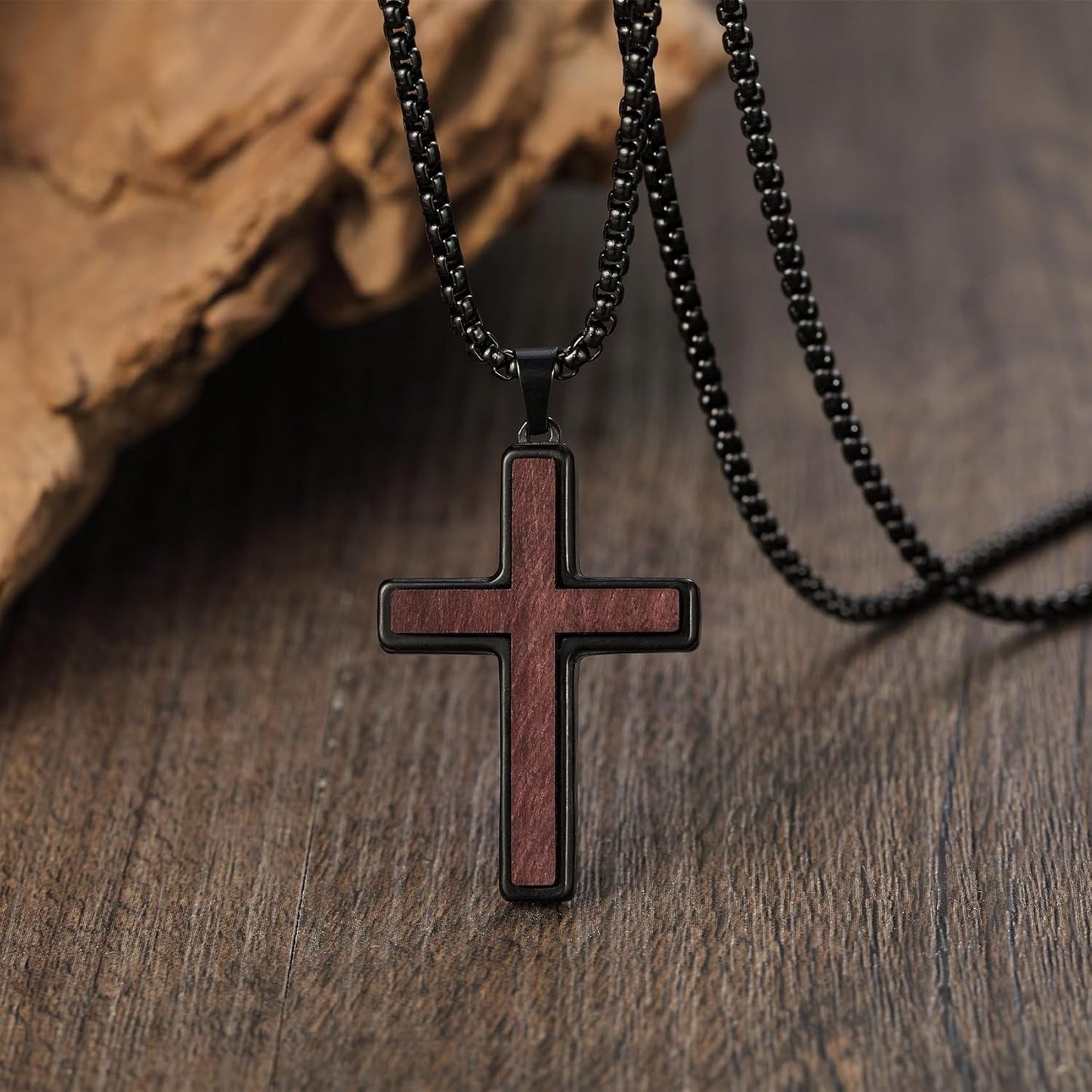 Wooden Cross Necklace for Men, Natural Sandalwood Inlaid with Black Stainless Steel Pendant, Mens Cross Necklaces Including 24 Inch Box Chain. Christmas Gifts for Husbands, Fathers, Sons, and Friends. 