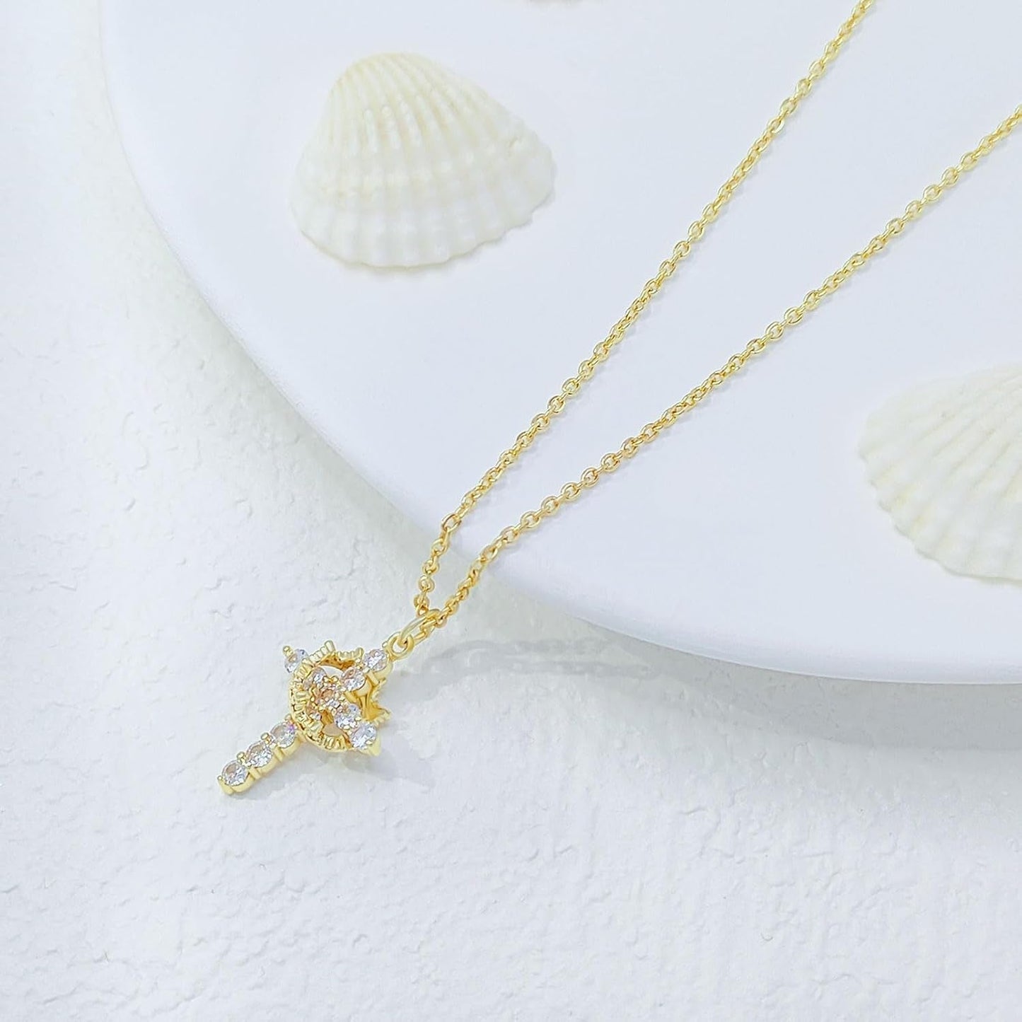 Cross Necklace for Women | Gold Plated Stainless Steel Crown Pendant Necklace with Cubic Zirconia | Trendy Simple Gift