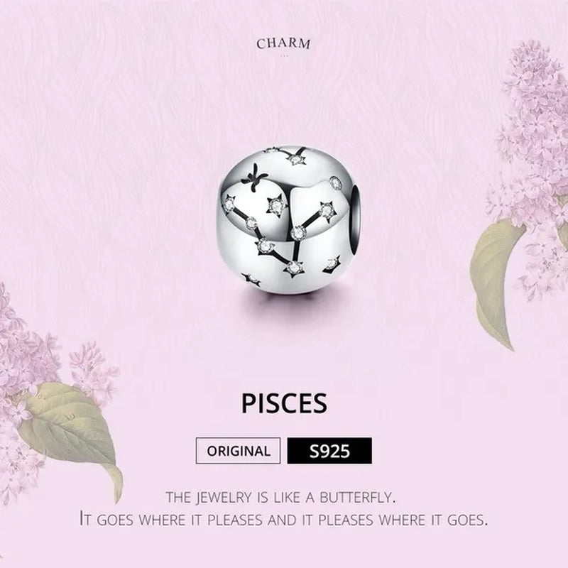 European Hot 12 Constellation Zodiac round 925 Sterling Silver Beads Charm for Women Bracelet Shining CZ Charm Fit Original Bangle Necklace DIY Jewelry Making