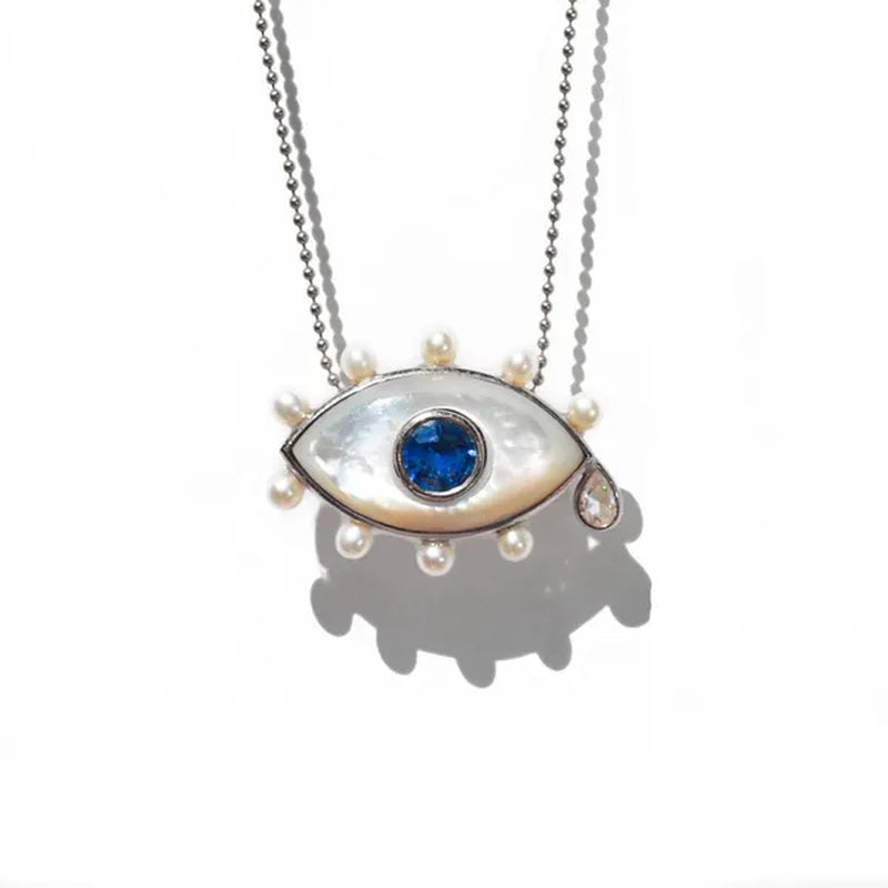 New Fashion Women Sapphire Evil Eye South Sea Moby Pearl & Blue Sapphire & One Pear Shape Rose Cut Diamond Weighs 0.28Ct (F/VS) Necklace Bead Chain Necklace Wedding Engagement Gift Jewelry