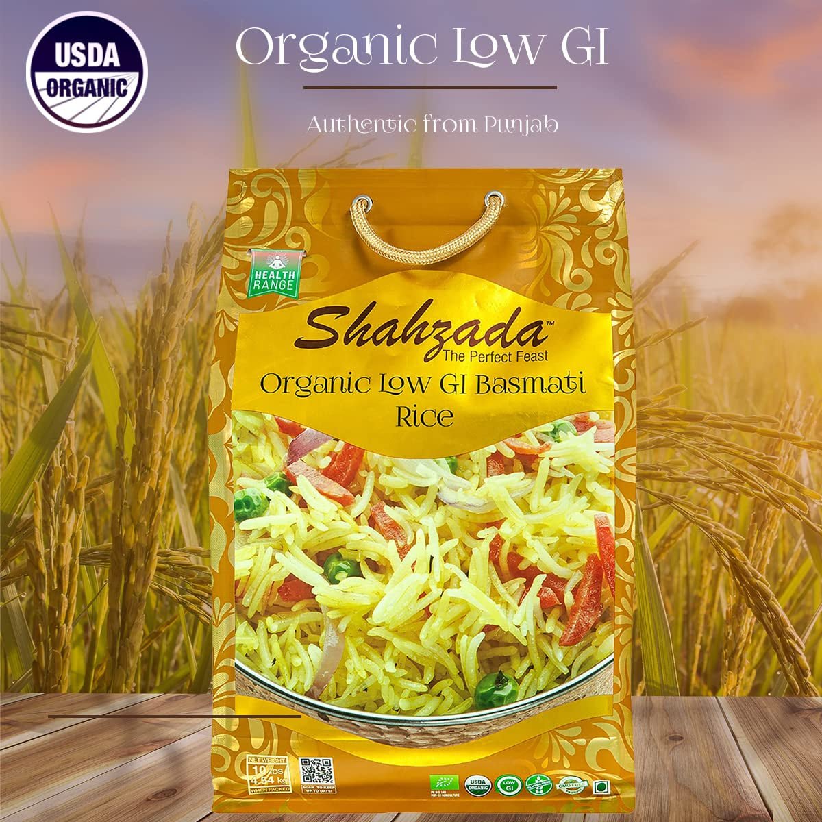 Diabetic Friendly, Specially Processed Basmati Rice 10 Lbs | Low G.I. Index Value, 100% USDA ORGANIC Certified Rice, Extra Long Grain, Vegan NON-GMO, Vegan, Gluten, Soy, Egg Free, Resealable Zip-Lock Bag to Seal Freshness-Tradition of Quality |10 Pound Pa