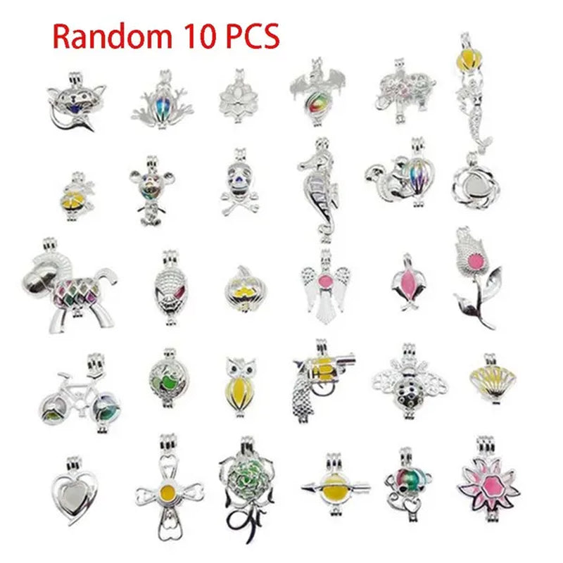 Random 10Pcs Silver Mixed Design Necklace Bracelet Jewelry Made Pearl Pearl Cage Oil Diffuser Pendant.