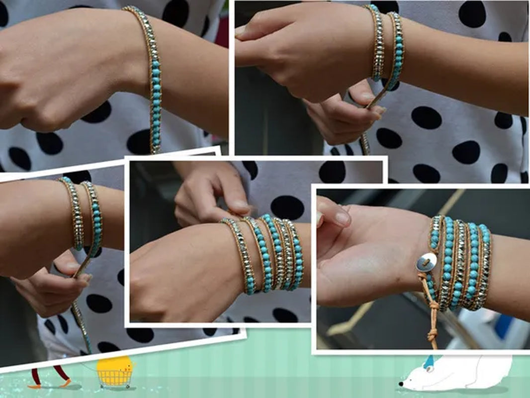 Vintage Boho Handmade Turquoise Charm Natural Stone Beads Bracelets Adjustable Wrap Leather Bracelet Jewelry