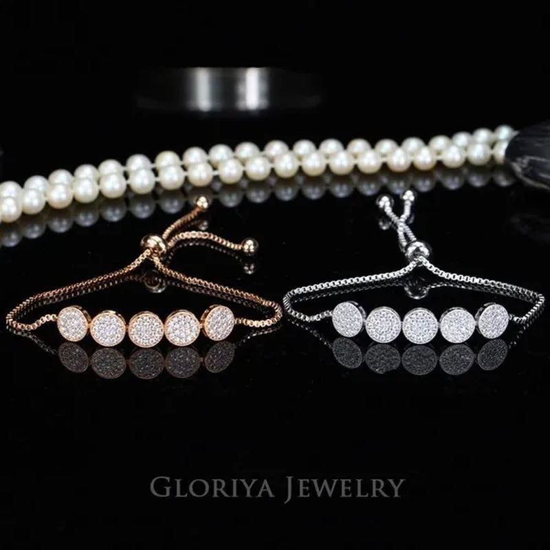 Gloriya Glitter 5 Pcs Round Shaped Full Micro Inlay Tiny CZ Zirconia Designer Bar Slider Bracelet Women Jewelry With White Gold Plated(Size :Adjustable)