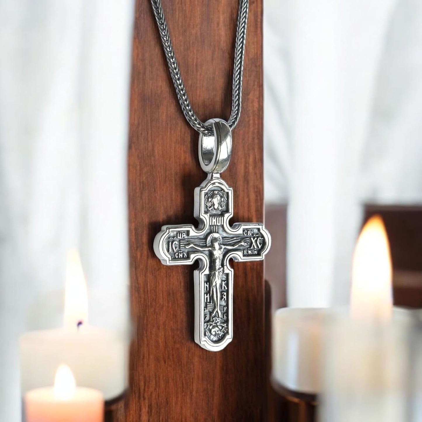 Eastern Orthodox Cross Necklace for Men Women - 925 Sterling Silver - Jesus Christ Crucifix Pendant Necklace with Chain 20 Inches - Unique Christian Religious Jewelry - Handmade