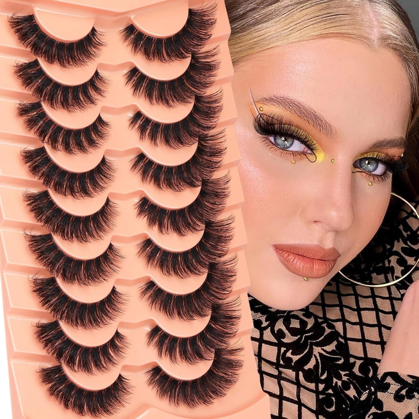 False Eyelashes Russian Strip Lashes Wispy Mink Lashes Fluffy D Curl Fake Lashes like Eyelash Extension Lash Strips 9 Pairs Pack