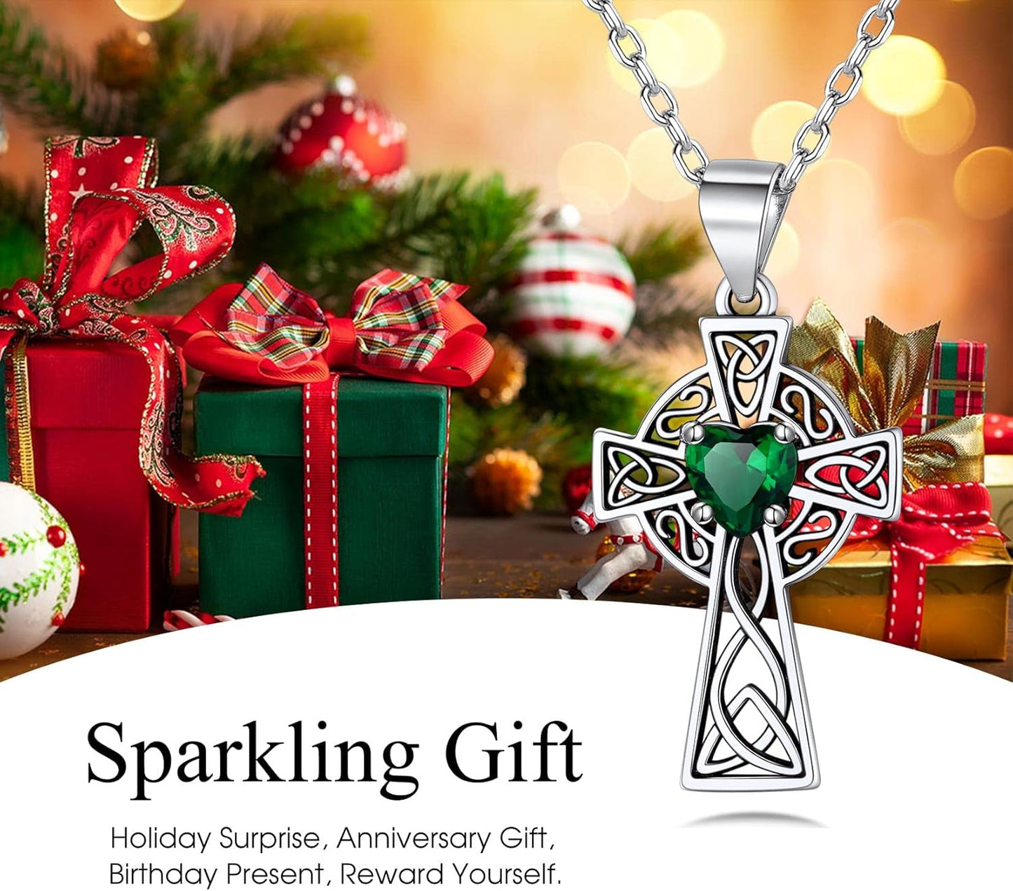 Silver Celtic Cross Necklace with 12 Month Heart Birthstone, Dainty Celtic Birthstone Necklace Silver Chain for Women Faith Irish Amulet Lucky Birthstone Jewelry