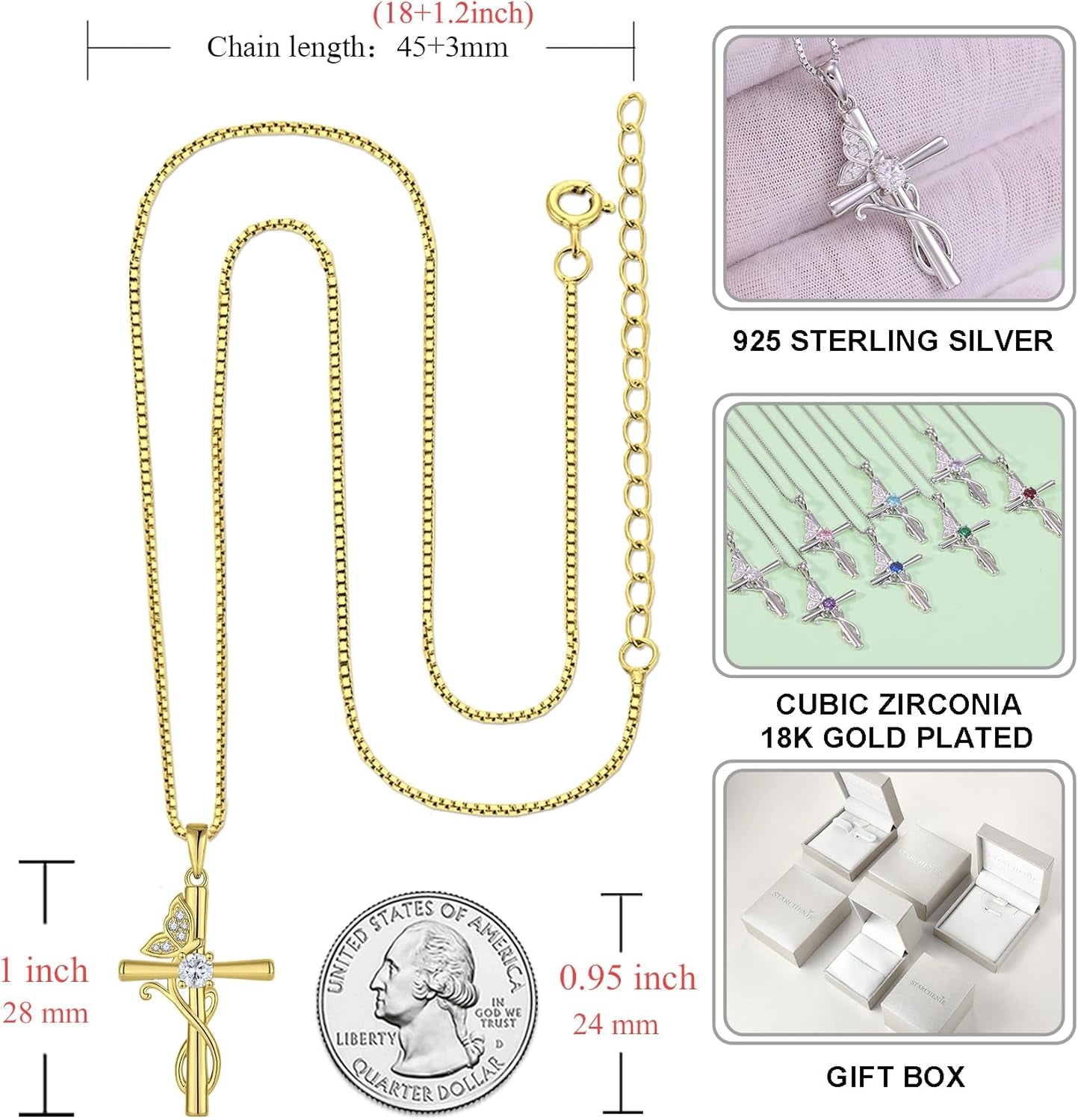 Butterfly Cross Necklace 925 Sterling Silver Crucifix Pendant Birthstone Jewelry for Women