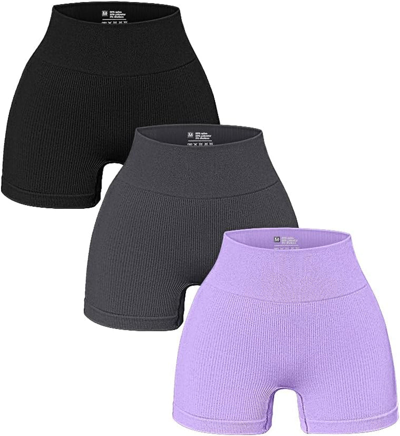 Women'S 3 Piece Yoga Ribbed Seamless Workout High Waist Athletic Legging Shorts - WORLD TIME VISITS