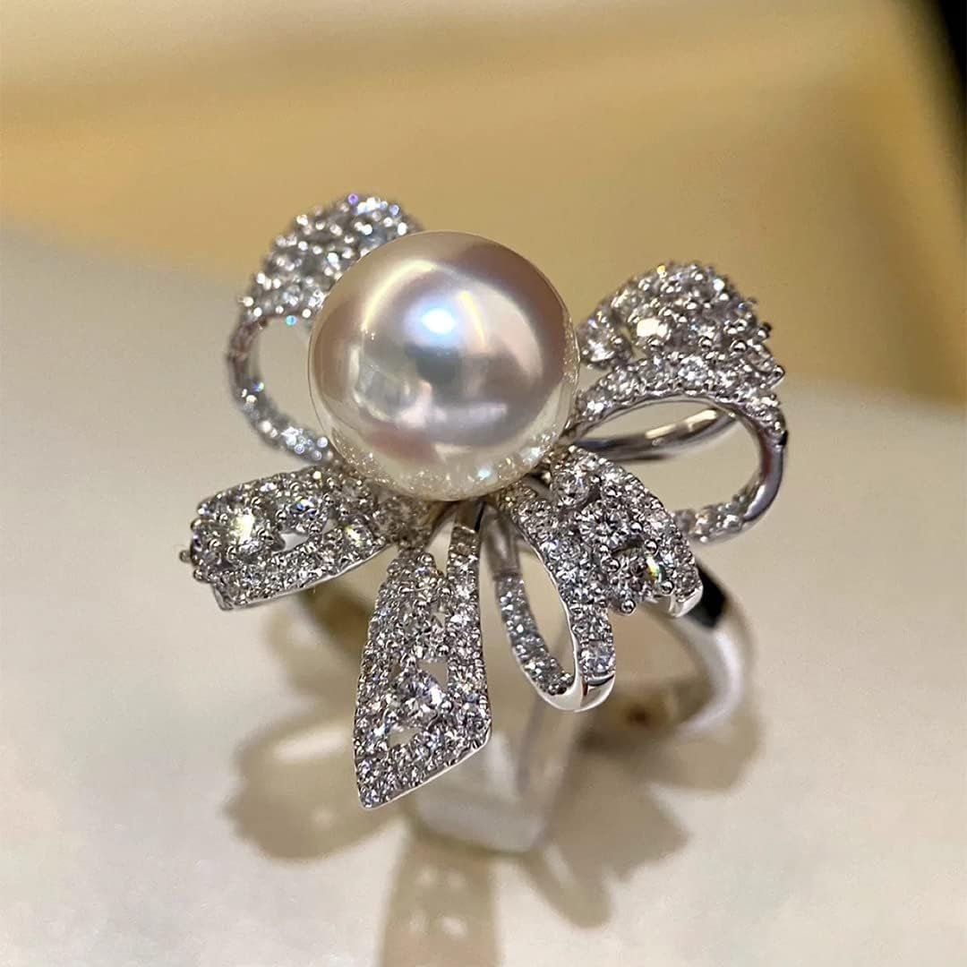 Elegant Bow Knot Pearl Rings for Women Rhinestone CZ Crystal Butterfly Tie Open Statement Ring Promise Engagement Rings Anniversary Wedding Band Jewelry