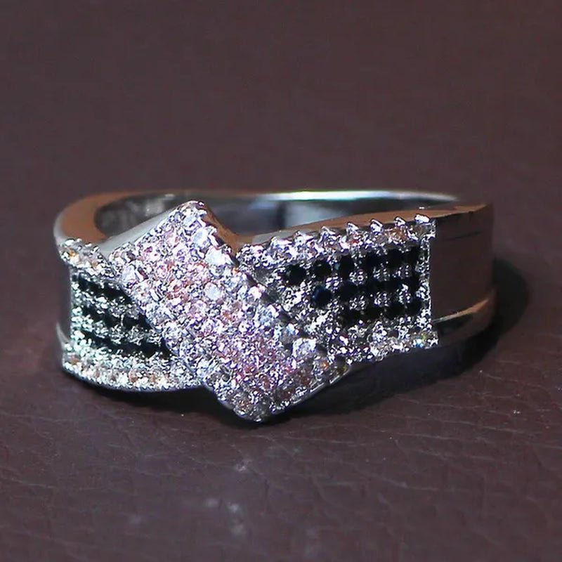 Elegant Silver Pink Sapphire and Black Sapphire Natural Stone Birthstone Gemstones Engagement Wedding Anniversary Bride Women Square Ring Size 6 7 8 9 10