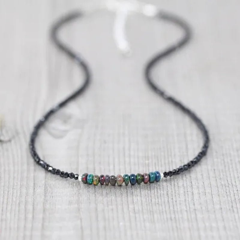 Ethiopian Welo Opal & Black Spinel Necklace. Sterling Silver, Rose, Gold Filled. Dainty Gemstone Choker.