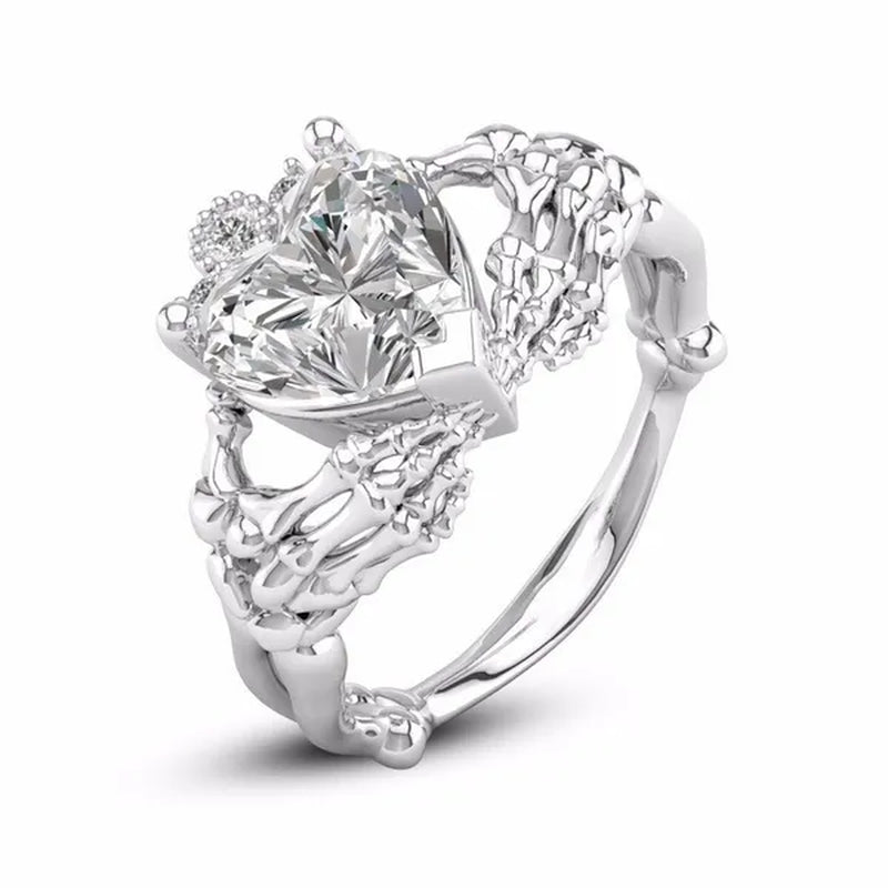 Claddagh White Sapphire Heart Punk Skeleton Hands Diamond Promise Proposal Engagement Wedding Band Rings Size 5 - 12
