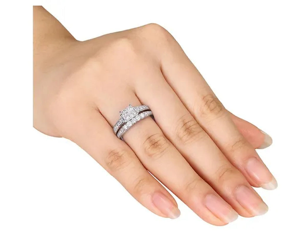 1.00 Carat (ctw, H-I, I2-I3) Princess-Cut Diamond Engagement Ring & Band Bridal Wedding Set in 14K White Gold