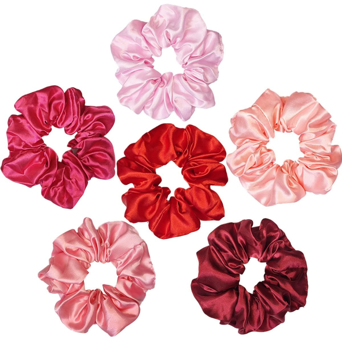 6 Pcs Satin Silk Hair Scrunchies, Soft Hair Ties for Women and Girls, 4.5 Inch Hair Bands and Accessories in Assorted Red and Pink