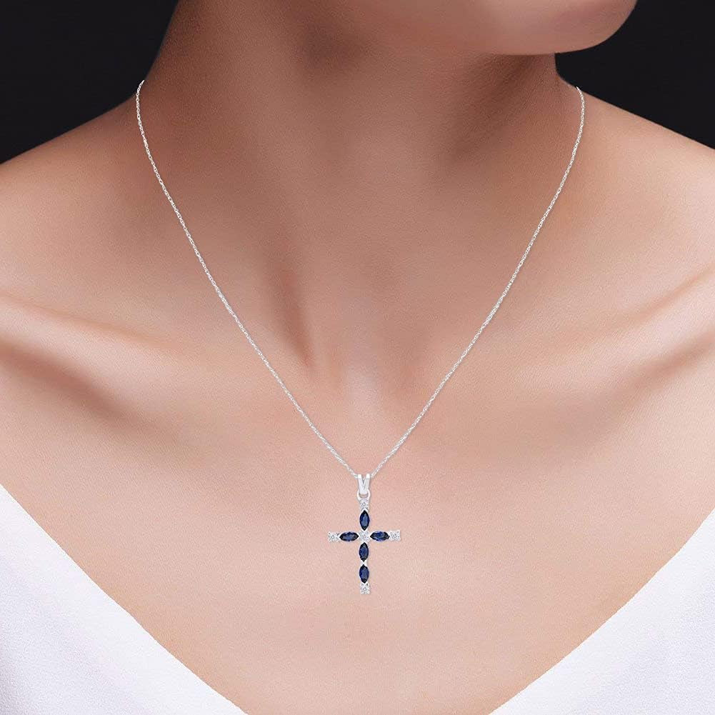 Marquise Cut Simulated Blue Sapphire White Diamond Cross Pendant Necklace in 10K Solid Gold