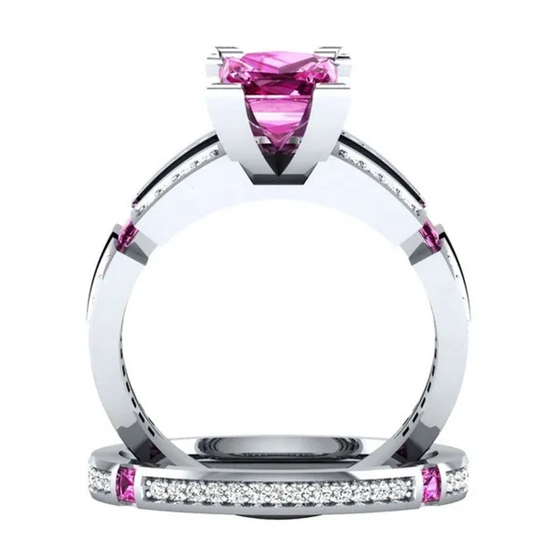 HOT 2 PC Silver Plated Pink Sapphire & Lab Diamond Wedding Ring US Size 6 7 8 9 10