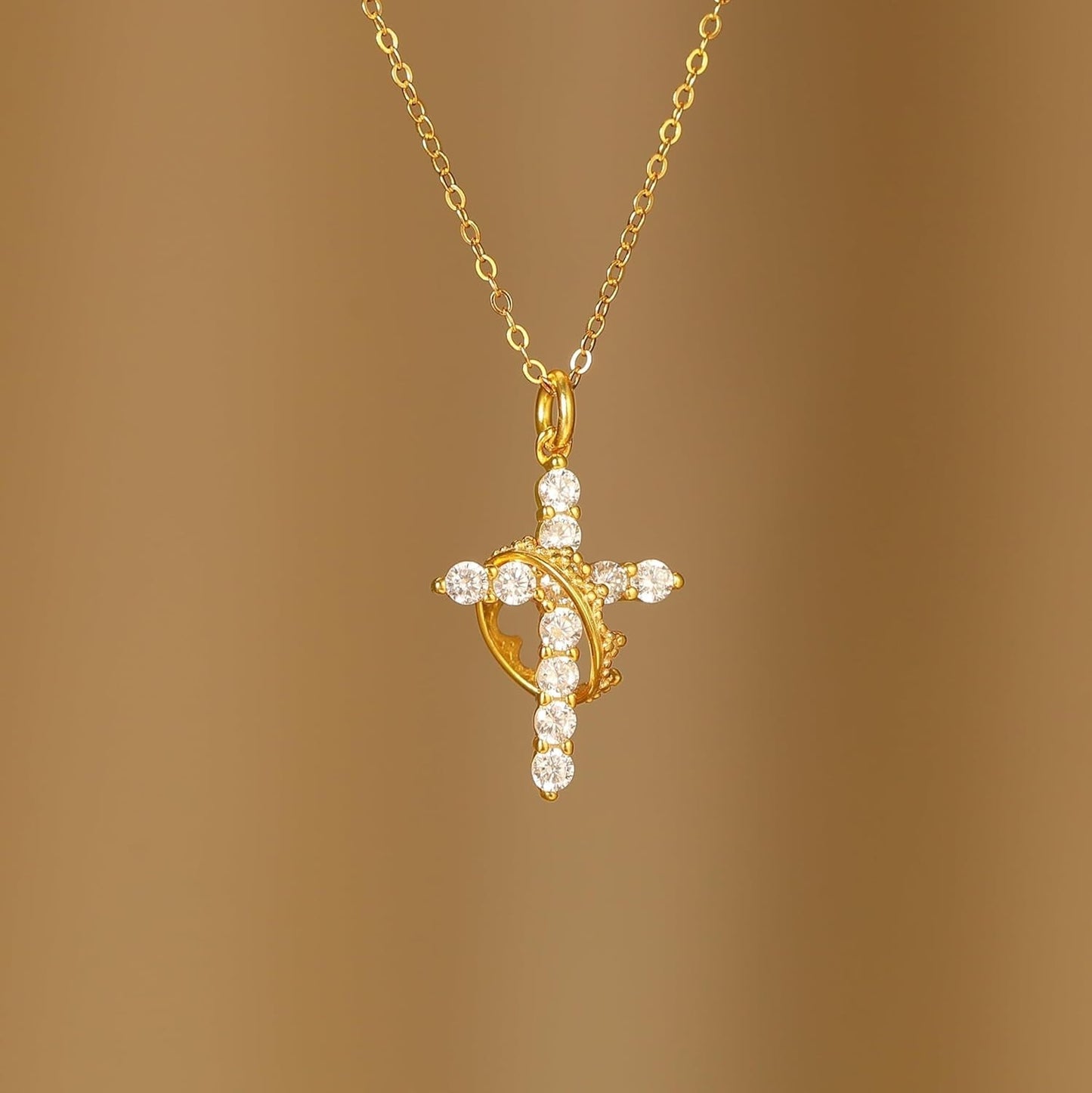 925 Sterling Silver Cross with Crown Necklace for Women 14K Gold Plated Cubic Zirconia Crucifix Pendant Necklaces Adjustable Choker Necklace Baptism Religious Christian Faith Jewelry Easter Gifts