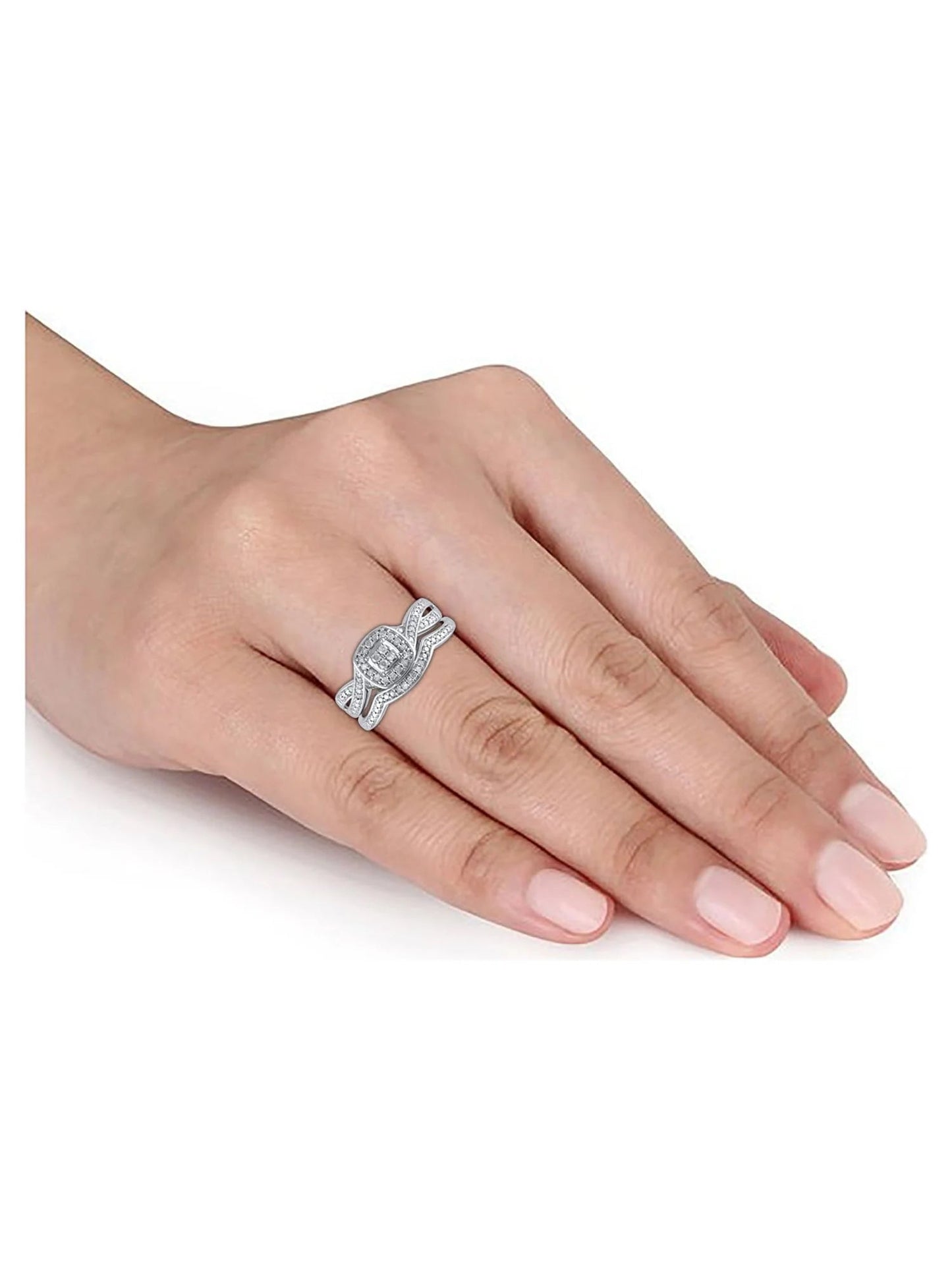 1/5 Carat T.W. (I3 Clarity, I-J Color) Cushion Shaped Halo Diamond Composite Bridal Set in Sterling Silver, Size 7