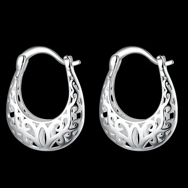 FASHION 925 Sterling Silver Jewelry Filigree Hoop Earrings for Women Charm Jewelry