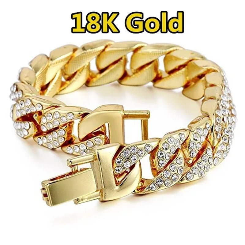 Fashion Mens Womens Chain Hiphop Iced Out Curb Cuban 24K / 18K / 925 Silver Gold Plated Bracelet W Paved Clear Rhinestones Cuban Bracelet