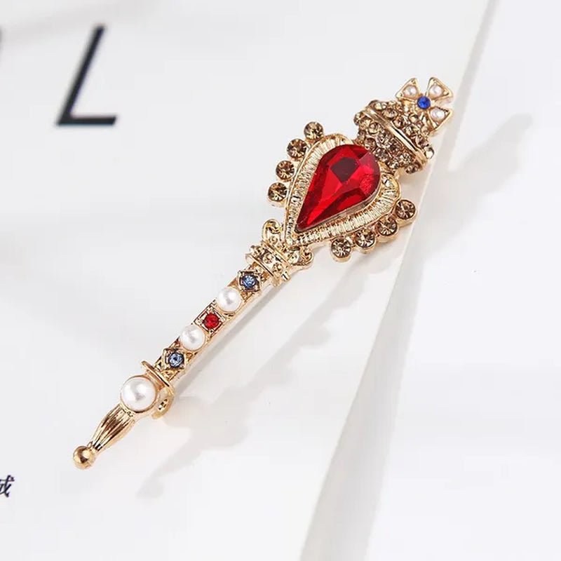 Fashion Retro Baroque Crown Ruby Crystal Small Magic Wand Brooch for Men and Women