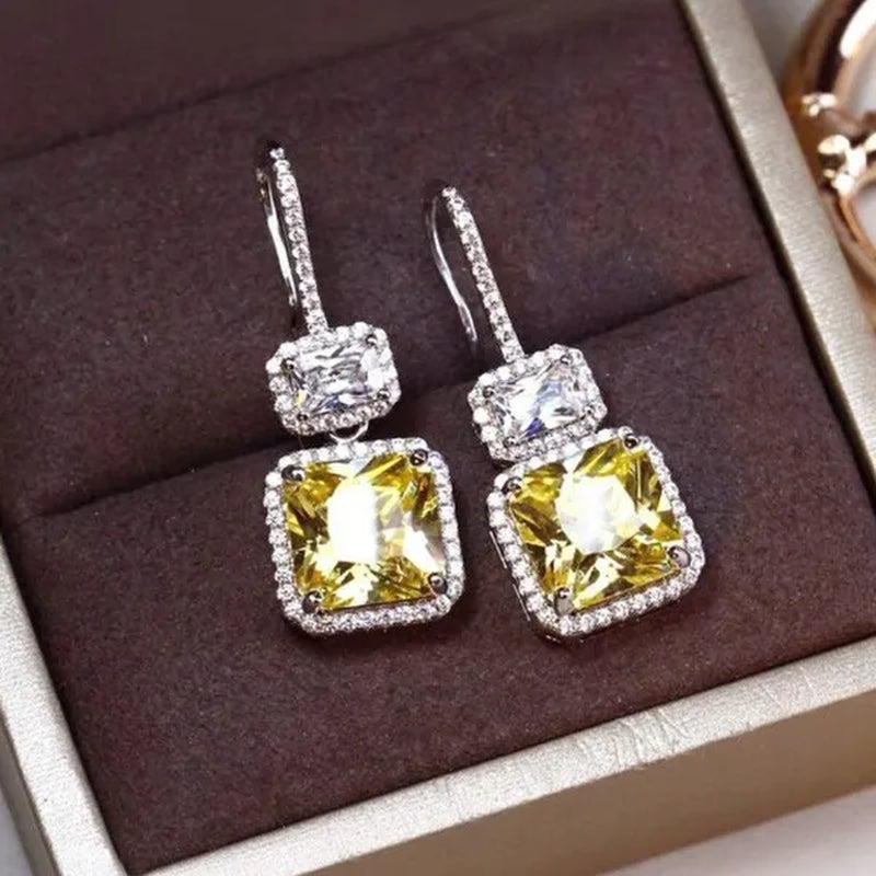 Fashion Women Square Citrine Vice Stone Diamond Earring Silver Plated White Sapphire Drop Earring Girl Wedding Anniversary Gift