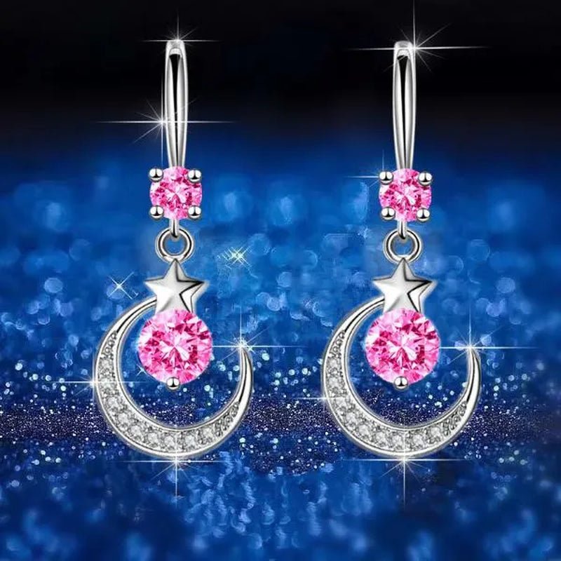 Female Fashion Star Moon Earrings Silver Plated Pink Blue White Cubic Zirconia Dangle Earrings Bride Wedding Engagement Anniversary Valentine's Day Gift Jewelry