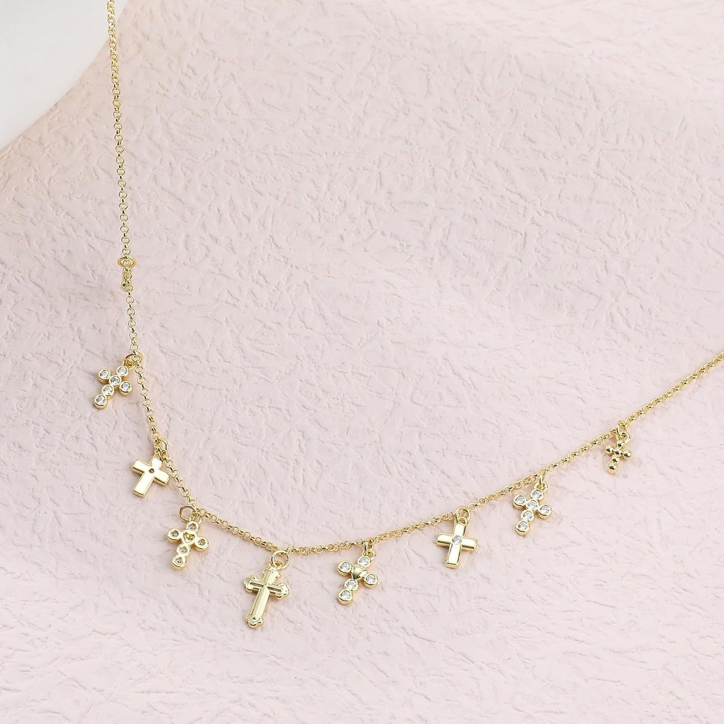 Gold Charm Necklace for Women 14K Gold Plated Cute Cubic Zirconia Rainbow Flower North Star Love Heart Cross Pendant Necklace Adjustable Chain Trendy Party Jewelry Gift for Women