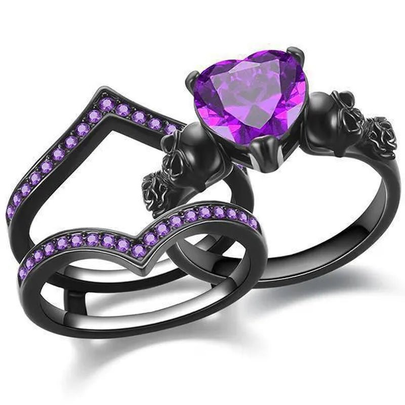 Gothic Black Rose Flower Skull Engagement Rings Set Red Purple Heart-shaped Zircon Crystal Wedding Anniversary Holiday Gift