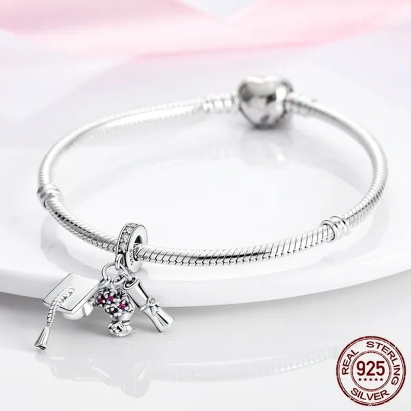 Graduation Flower Diploma Charm 925 Silver Pendant Beads fit Bracelet Necklace Original DIY Women jewelry Gift