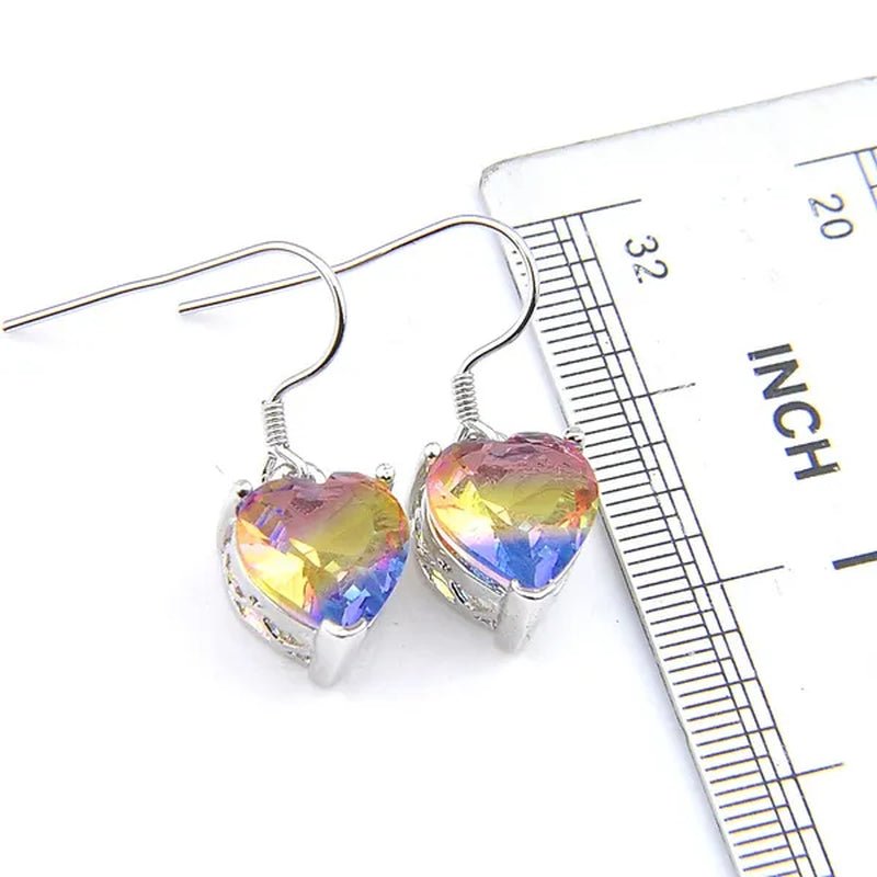 Heart Cut Shine Dazzling Fire Rainbow Tourmaline Gemstone Silver Dangle Earrings for Women Wedding Holiday Friends