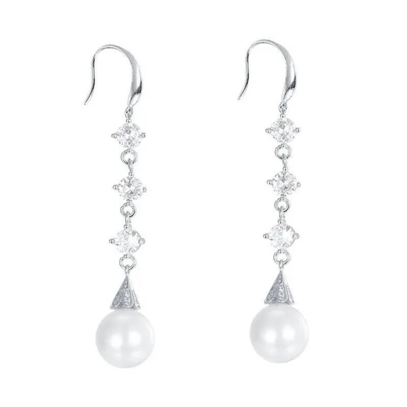 High Quality Temperament White Pearl Eardrop Earrings 925 Sterling Silver Long Earhook White Zircon Ear Jewelry