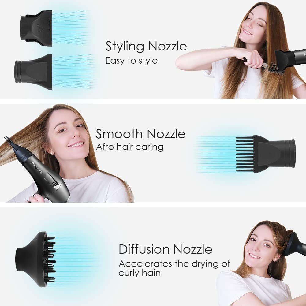 Ionic Salon Hair Dryer, Professional Blow Dryer AC Motor Fast Drying with 2 Speed, 3 Heat Setting, Cool Button, with Diffuser, Nozzle, Concentrator Comb for Curly & Straight Hair-Black