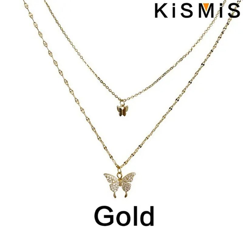 KISMIS 1 Pc/2 Pcs Exquisite and Creative Women's Diamond Necklace Butterfly Double Layer Necklace Shiny Diamond Ladies Clavicle Chain Elegant Charm Wedding Pendant Jewelry