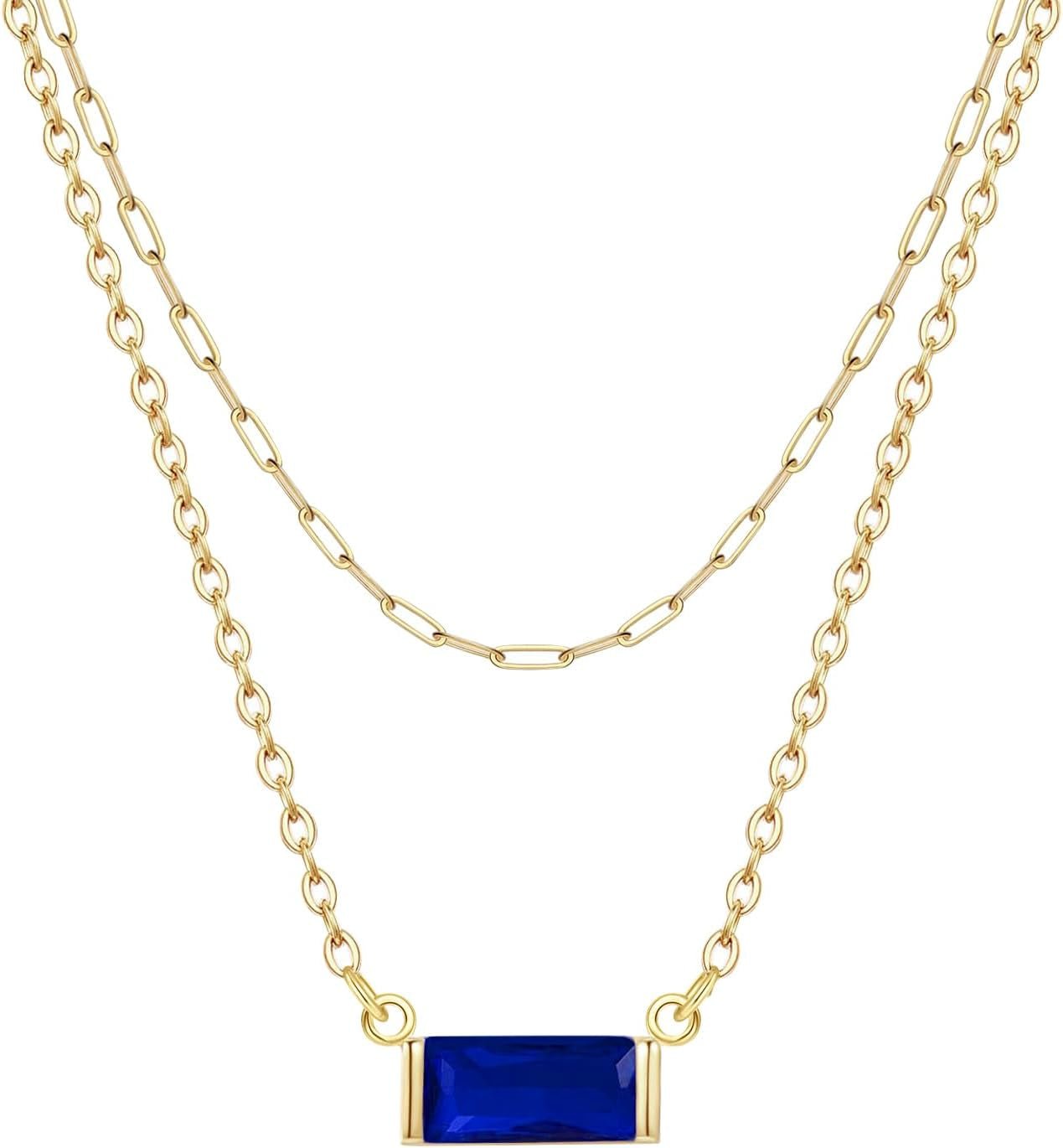 Layered Birthstone Necklace for Women Mothers 14K Gold Charm Necklace Dainty Paperclip Chain Necklace Pink Emerald Red Purple Pendant Necklace Diamond Jewelry Birthday Party Prom Wedding
