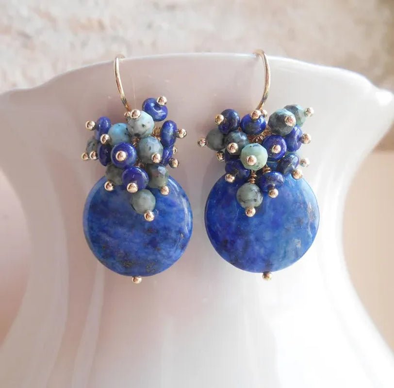 L'azur infini gemstone cluster earrings denim navy blue green dangle drop lapis lazuli coin African turquoise gold fill December birthstone