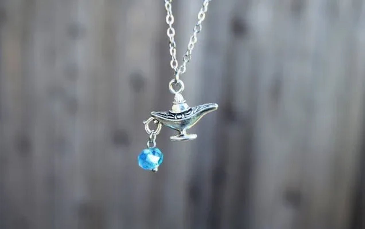 Magic Lamp Necklace, Necklace, Lamp, Costume,Silver Necklace, Fairytale Necklace with Birthstone Bead