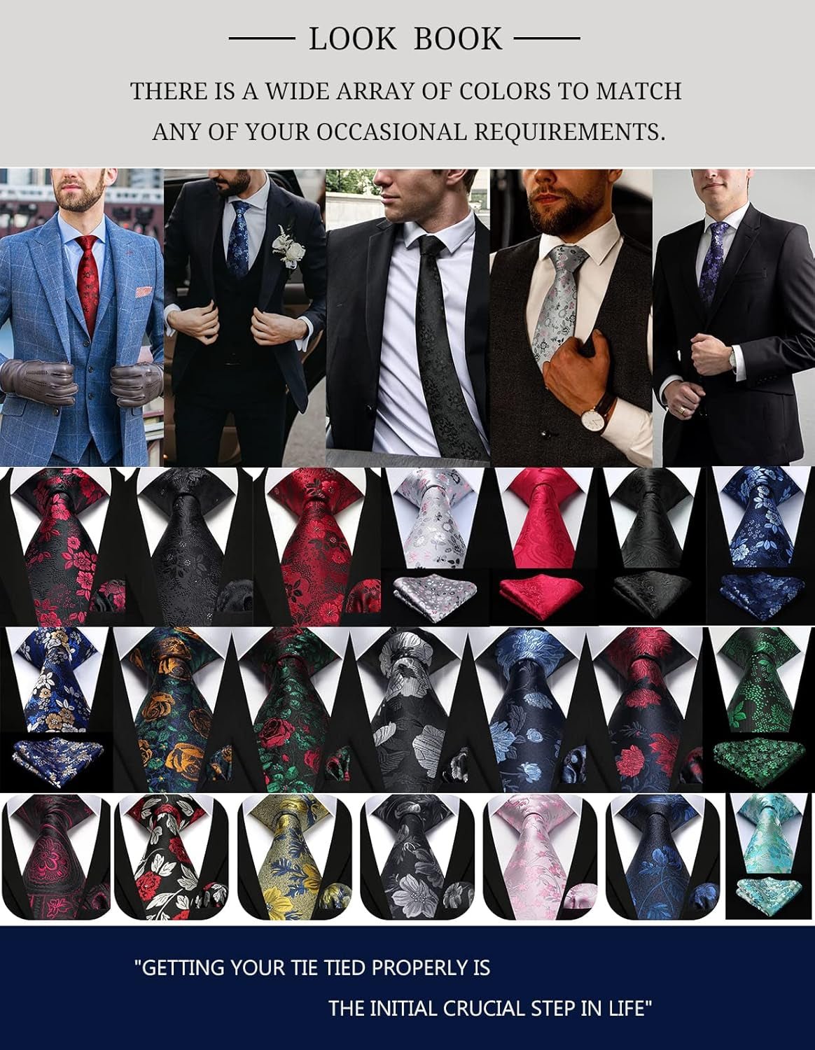 Men Floral Ties Woven Classic 3.4" Necktie Set Formal Tie Pocket Square for Wedding with Handkerchief Gift Box