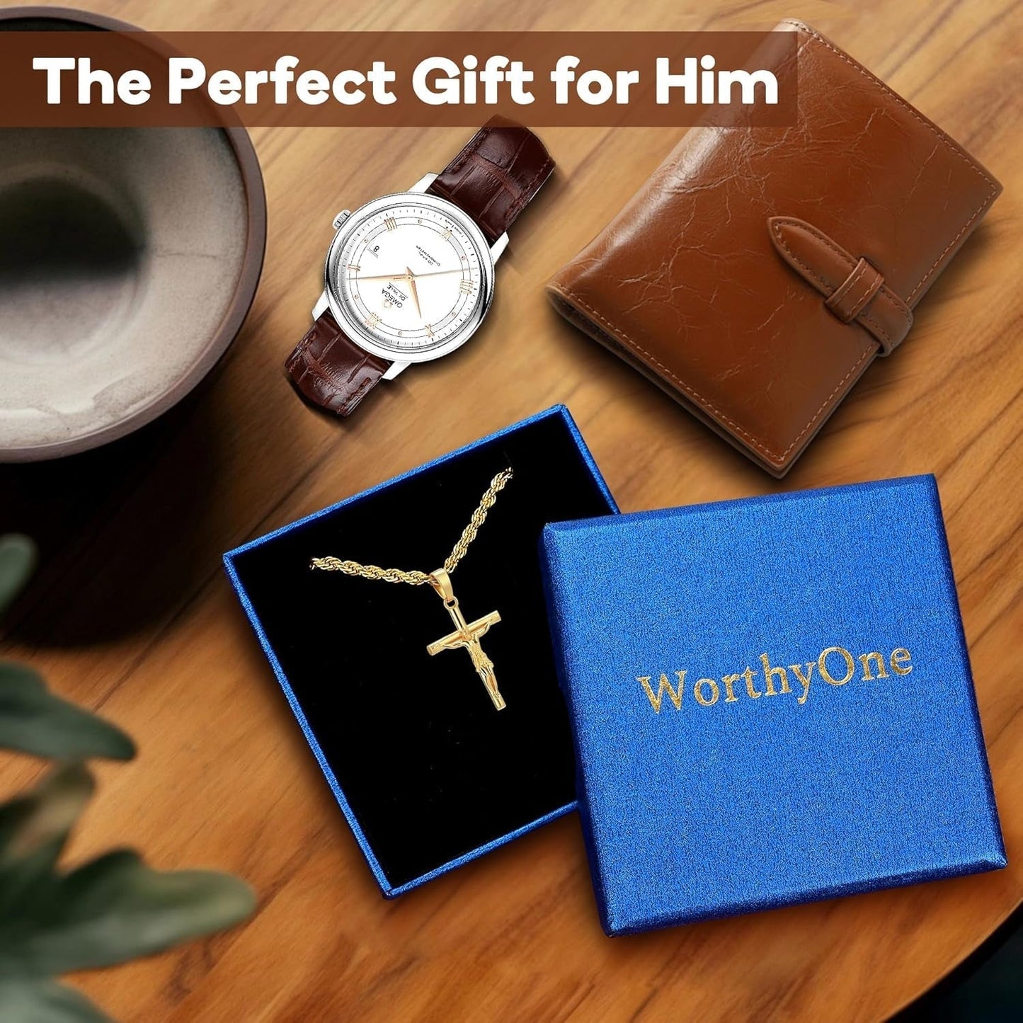 Mens Cross Necklace - Gold/Silver Chain, 18K Gold Plated Crucifix Pendant, Jewelry Gift for Him