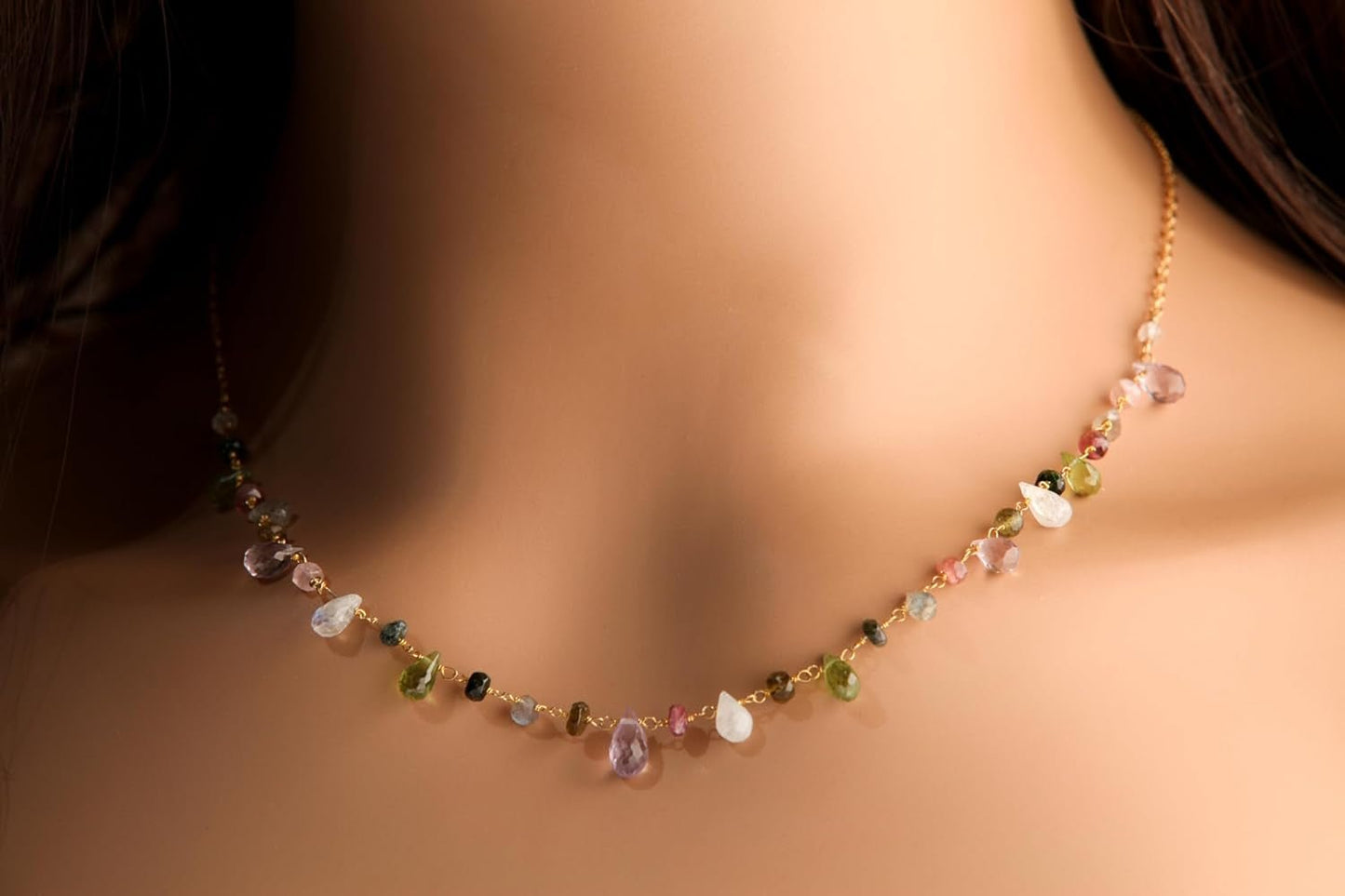 Multi Gemstones Necklace Wire Wrapped Faceted Peridot, Moonstone, Amethyst, Labradorite, Pink Tourmaline, Prehnite Briolette Drop 4X6-5X9Mm,Rondelle in 14K Gold Filled Chain & Clasp Necklace (18")