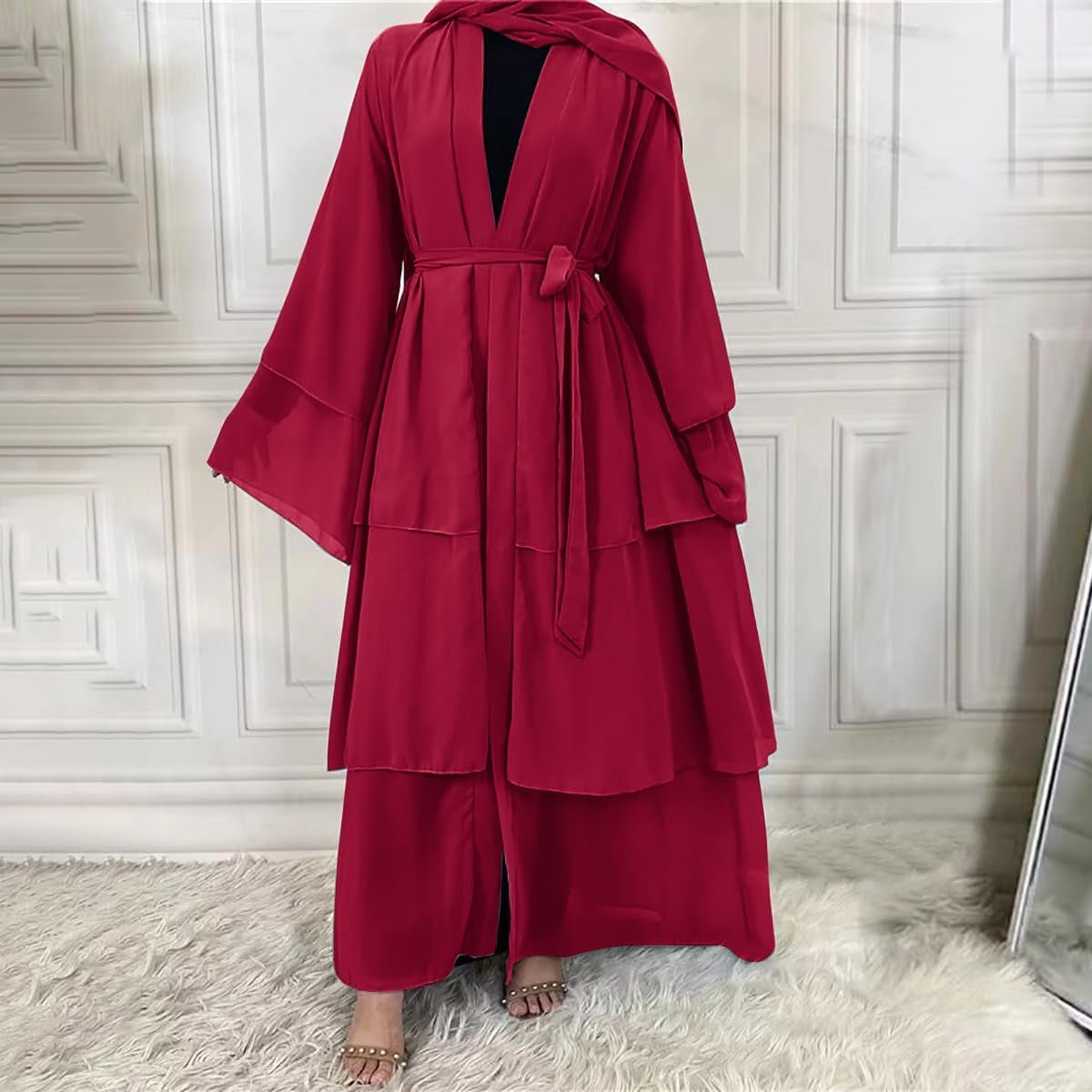 Muslim Chiffon Abaya for Women Open Front Cardigan Modest Dress with Hijab Scarf Middle East Arabian Robe Islamic Long Dress
