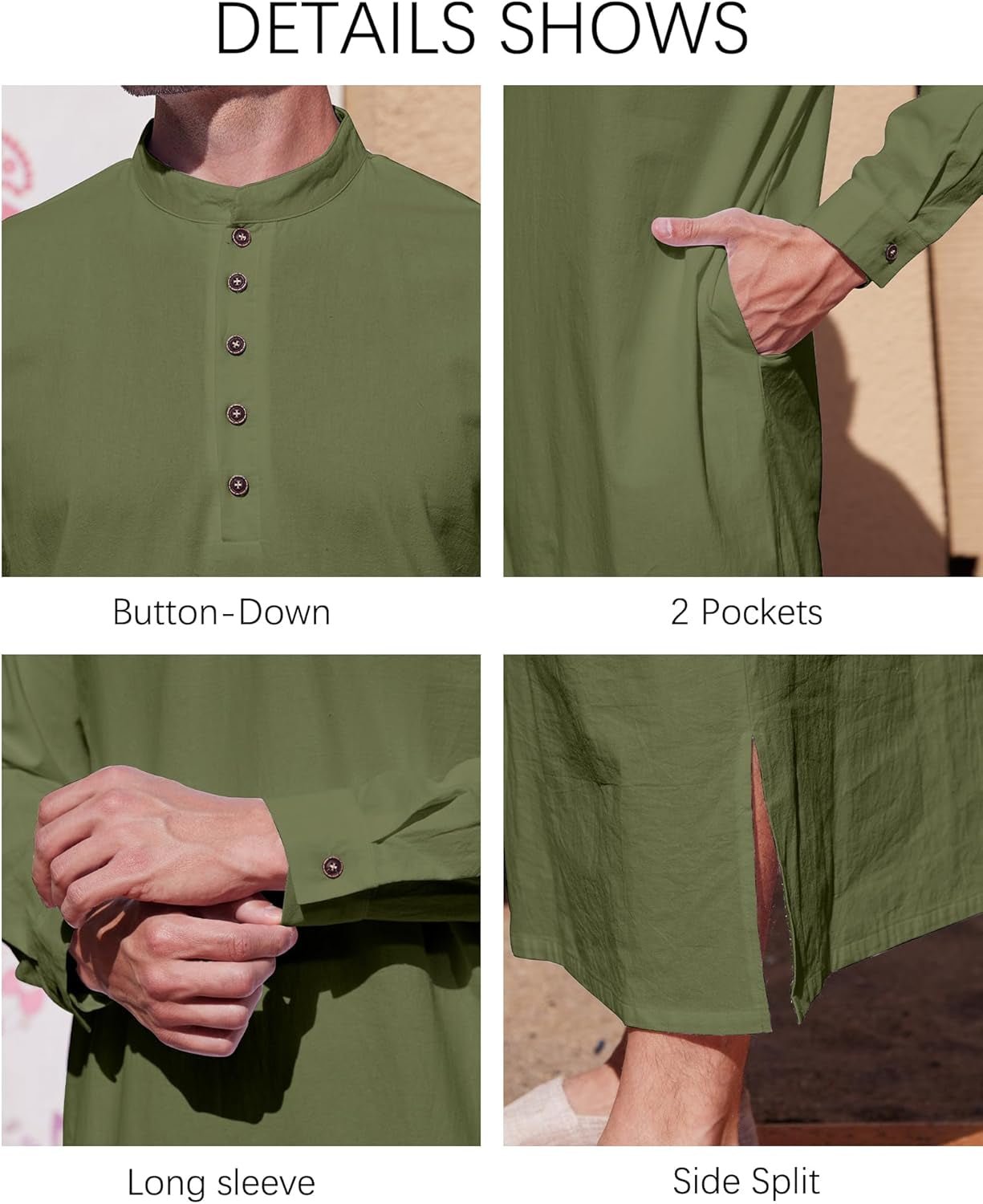 Muslim Thobe for Men Button down Mens Caftans Big and Tall Mens Arab Thobe with Pocket