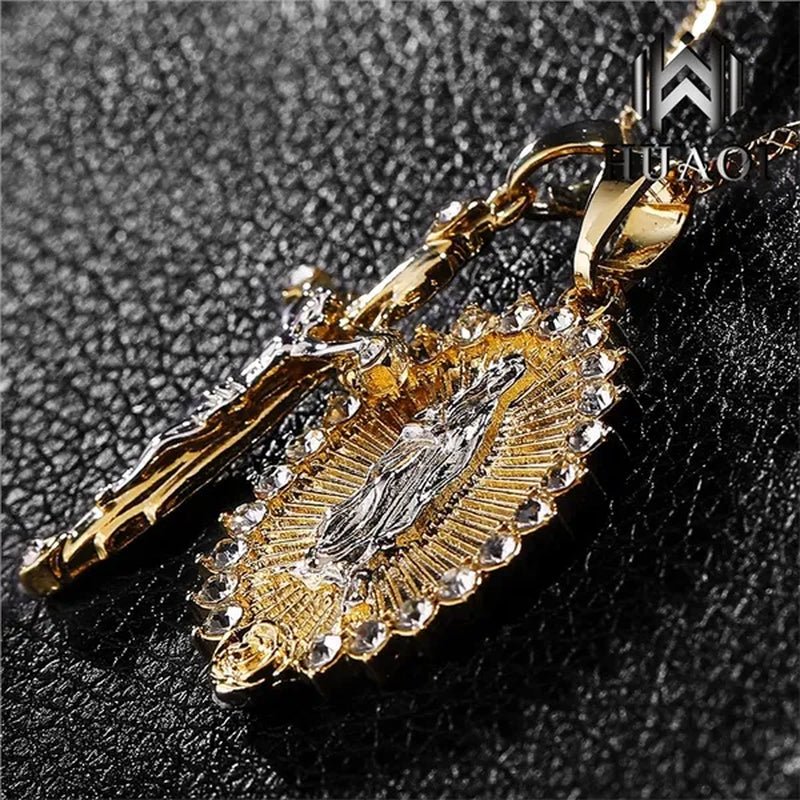 New Fashion18k Gold Plated Setting CZ Diamond Virgin Mary Necklace + Cross Necklace INRI Crucifix Jesus Piece Pendant Women Jewelry Christmas Gifts